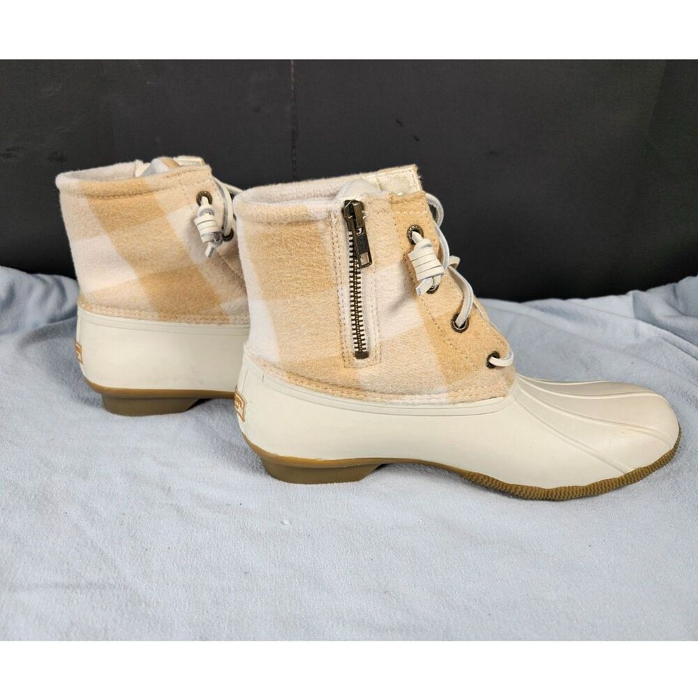 Sperry Saltwater Wool Buffalo Check Plaid Duck Boots Cream Tan Ivory Womens 8